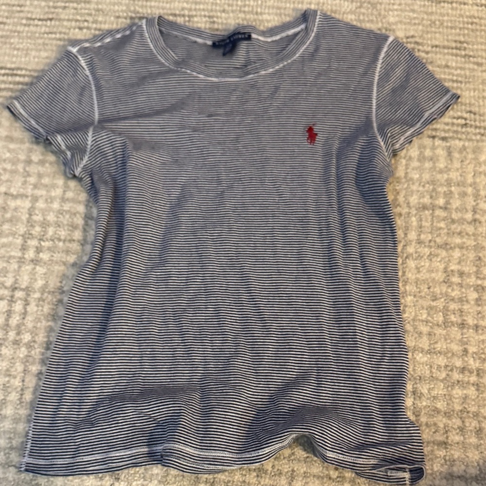 Ralph Lauren Navy Striped Tee with Red Emblem